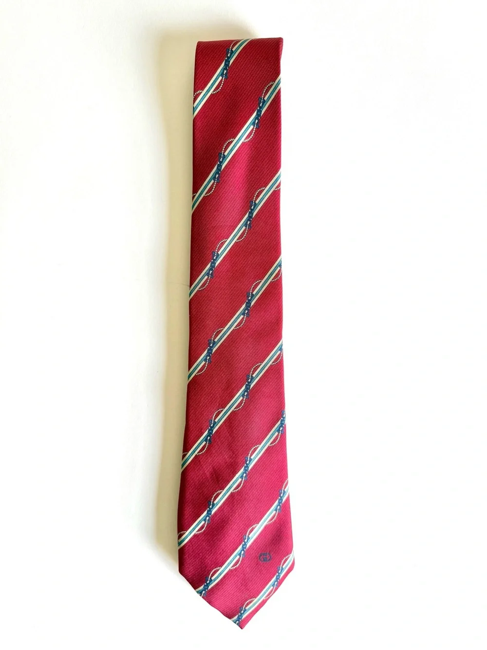 GUCCI Vintage Silk Tie Red Diagonal Stripe Nautical Rope Interlocking GG 80s